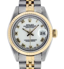 Rolex Ladies Two Tone White Roman Datejust Wristwatch