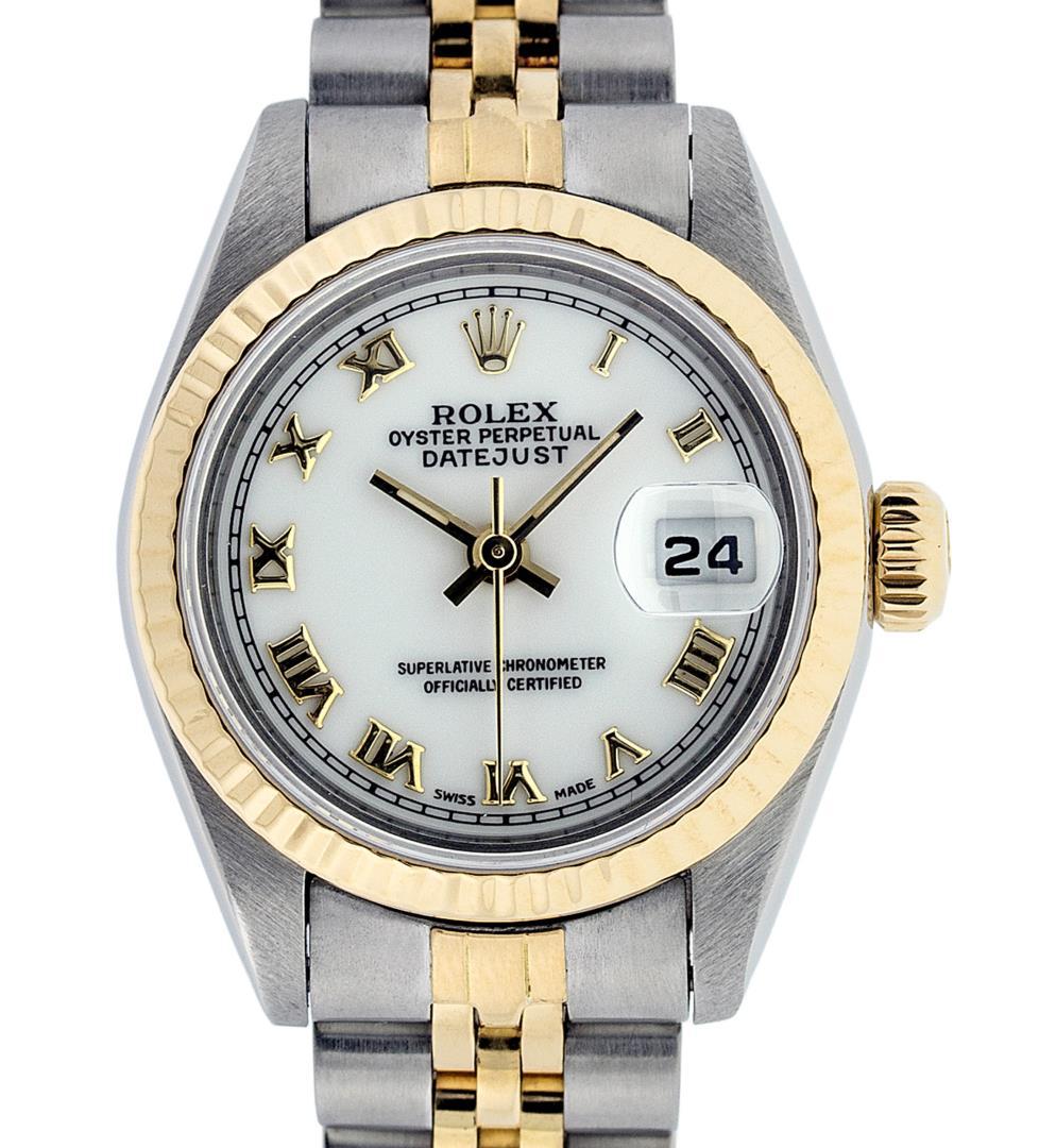 Rolex Ladies Two Tone White Roman Datejust Wristwatch