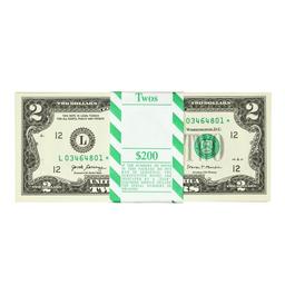 Pack of (100) Consecutive 2017A $2 Federal Reserve Star Notes San Francisco