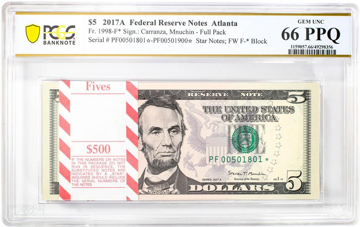 Pack of 2017A $5 Federal Reserve STAR Notes Atlanta Fr.1998-F* PCGS Gem UNC 66PPQ