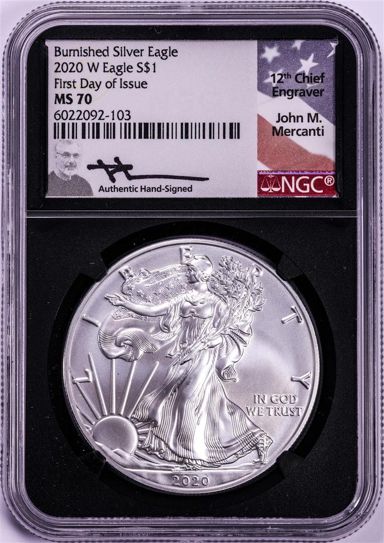 2020-W $1 Burnished American Silver Eagle Coin NGC MS70 Mercanti Signature