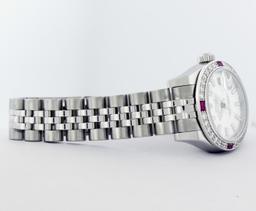 Rolex Ladies Stainless Steel White Index Ruby and Diamond Datejust Wristwatch