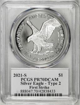 2021-S Type 2 $1 American Silver Eagle Coin PCGS PR70DCAM Emily Damstra Signature FS