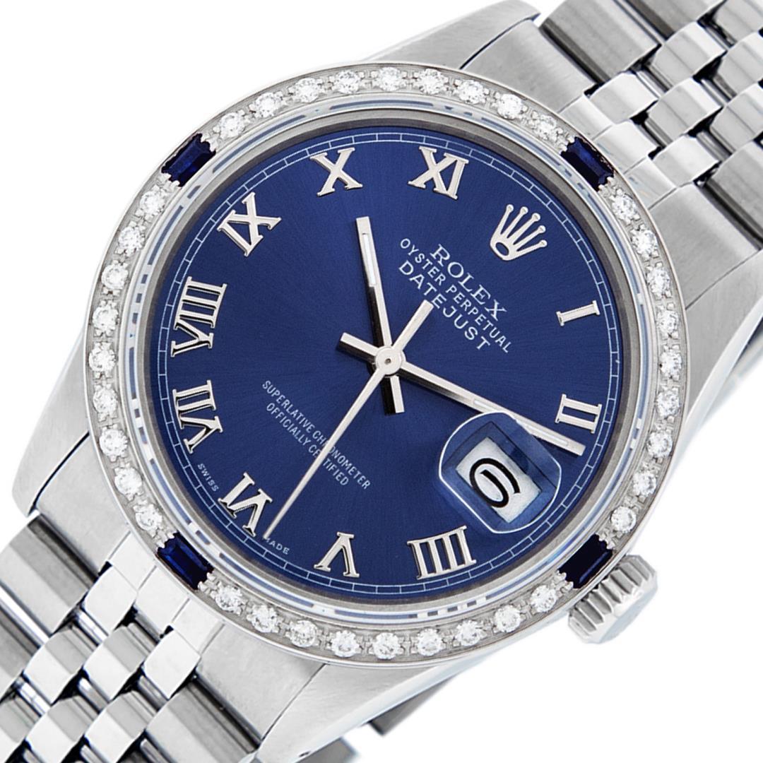 Rolex Mens Stainless Steel Blue Roman Sapphire and Diamond Datejust Wristwatch