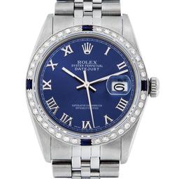 Rolex Mens Stainless Steel Blue Roman Sapphire and Diamond Datejust Wristwatch