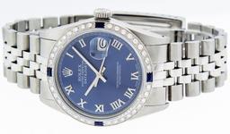 Rolex Mens Stainless Steel Blue Roman Sapphire and Diamond Datejust Wristwatch