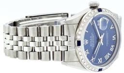 Rolex Mens Stainless Steel Blue Roman Sapphire and Diamond Datejust Wristwatch