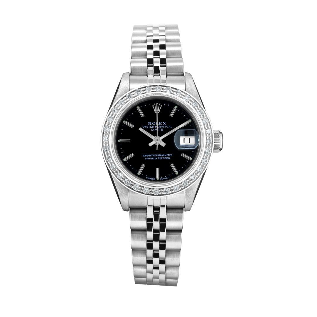 Rolex Ladies Stainless Steel Black Index Diamond Date Wristwatch With Rolex Box