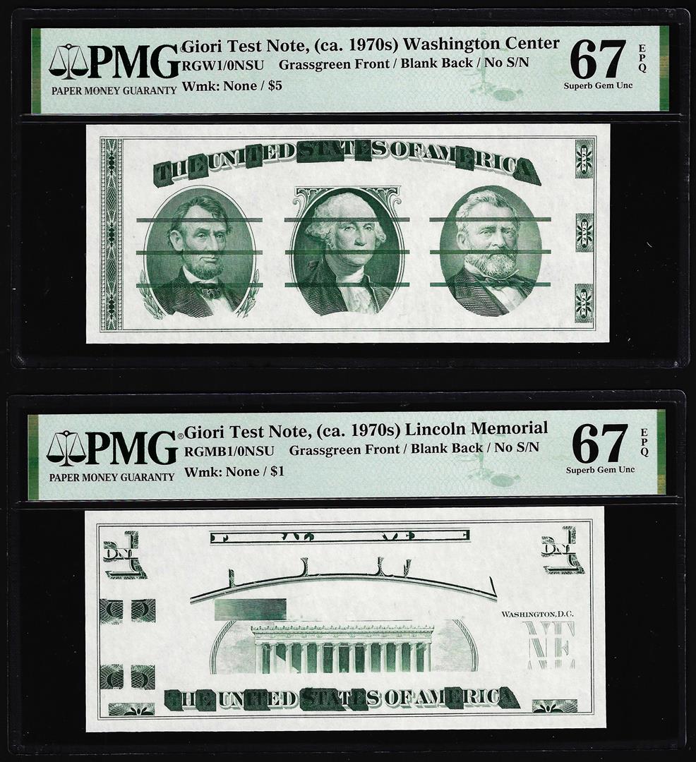 Set of Giori Test Note Washington & Lincoln Memorial PMG Superb Gem Unc 67EPQ