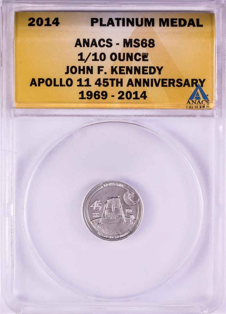 2014 Proof 1/10 oz Platinum JFK Apollo 11 Anniversary Medal ANACS MS68