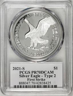 2021-S Type 2 $1 American Silver Eagle Coin PCGS PR70DCAM Emily Damstra Signature FS