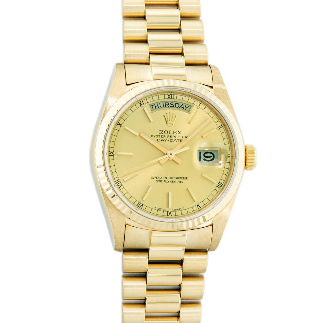 Rolex Men's 18K Yellow Gold Champagne Index Day Date President Wristwatch