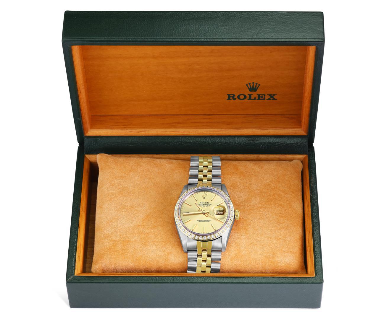 Rolex Mens Two Tone Champagne Index Diamond Datejust Wristwatch With Rolex Box