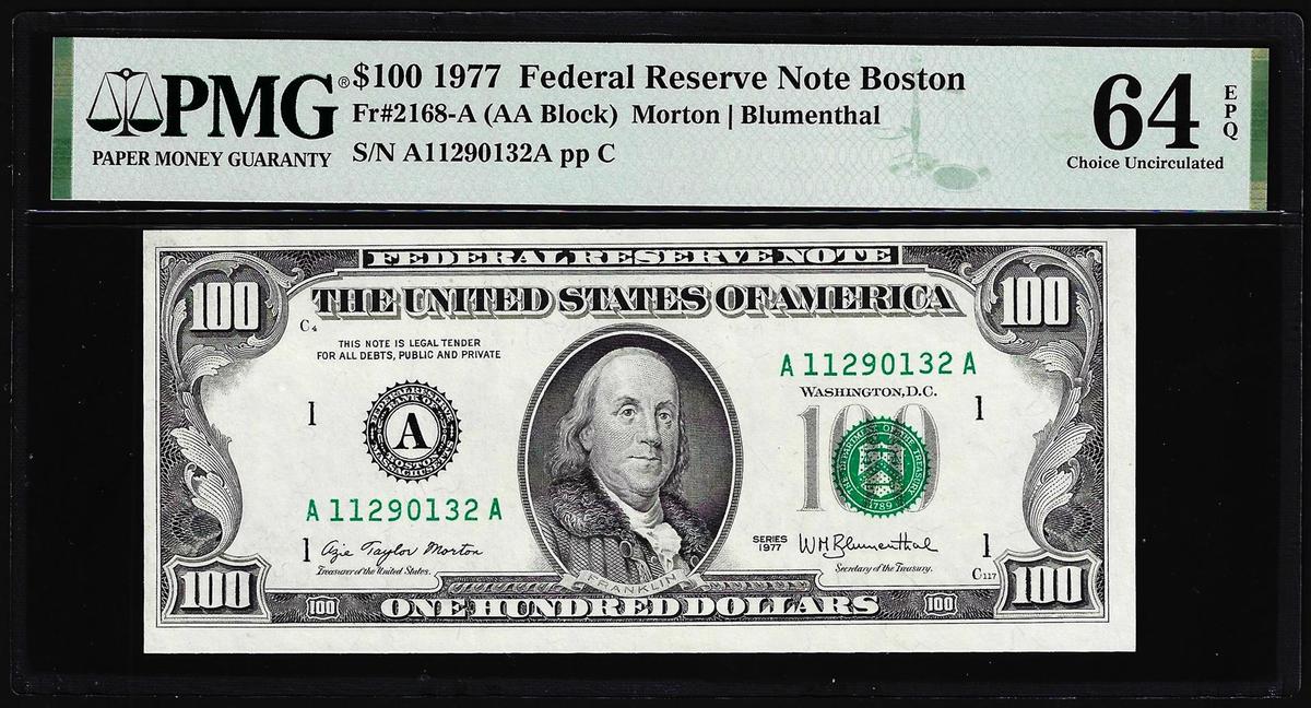 1977 $100 Federal Reserve Note Boston Fr.2168-A PMG Choice Uncirculated 64EPQ