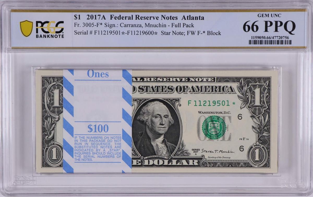 Pack of 2017A $1 Federal Reserve STAR Notes Atlanta Fr.3005-F* PCGS Gem UNC 66PPQ