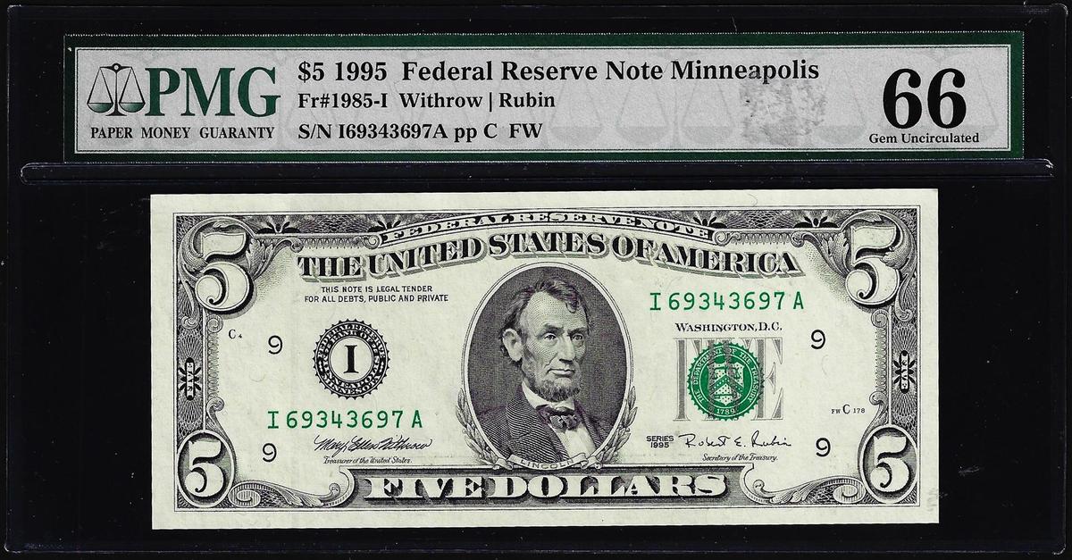 1995 $5 Federal Reserve Note Minneapolis Fr. 1985-I PMG Gem Uncirculated 66