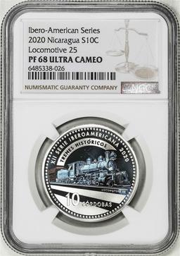 2020 Nicaragua 10 Cordobas Locomotive 25 Trains Silver Coin NGC PF68 Ultra Cameo