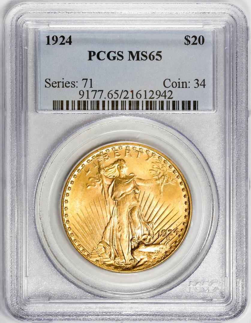 1924 $20 St. Gaudens Double Eagle Gold Coin PCGS MS65