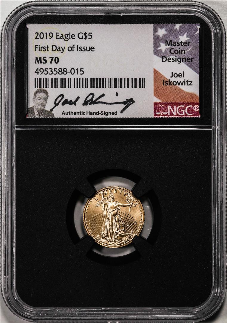 2019 $5 American Gold Eagle Coin NGC MS70 First Date Of Issue Iskowitz Signature