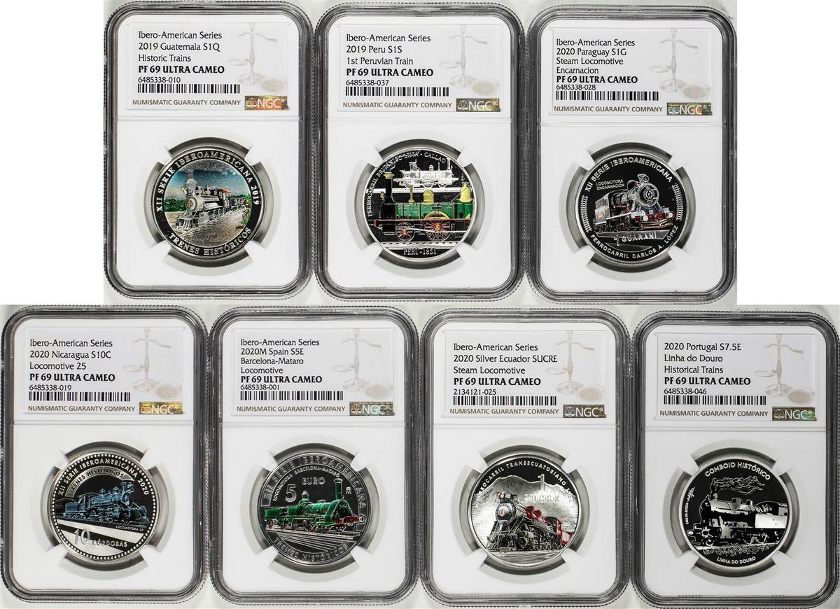 Set of 2019-2020 Ibero-American Historic Train (7) Silver Coins NGC PF69 Ultra Cameo