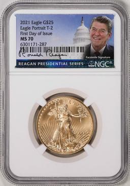 2021 Type 2 $25 American Gold Eagle Coin NGC MS70 FDOI Reagan Facsimile Signature