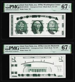 Set of Giori Test Note Washington & Lincoln Memorial PMG Superb Gem Unc 67EPQ