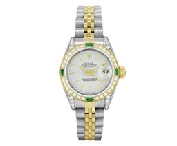 Rolex Ladies Two Tone Silver Index Emerald and Diamond Datejust Wristwatch