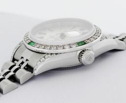 Rolex Ladies Stainless Steel Emerald and Diamond Datejust Wristwatch