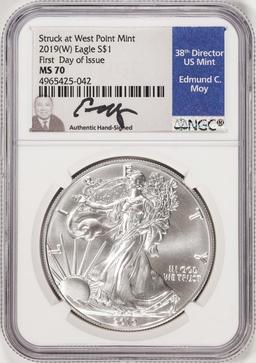 2019(W) $1 American Silver Eagle Coin NGC MS70 FDOI Moy Signature West Point Mint