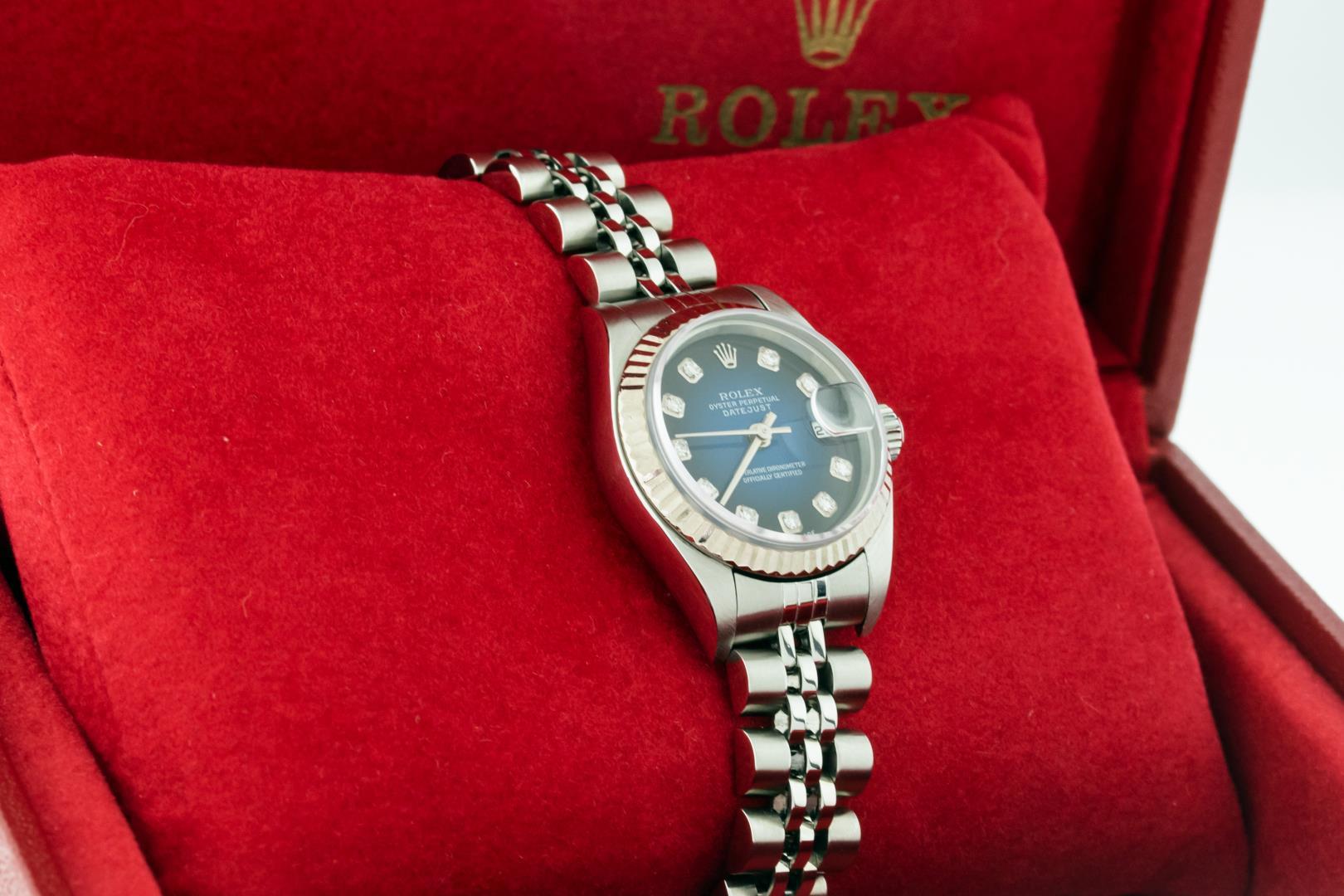 Rolex Ladies Stainless Steel Blue Vignette Diamond Datejust with Box