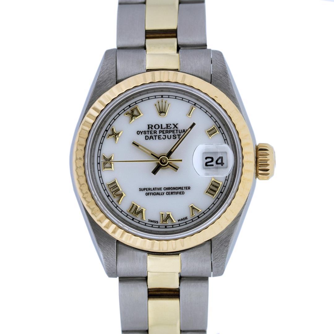 Rolex Ladies Two Tone White Roman Datejust Wristwatch