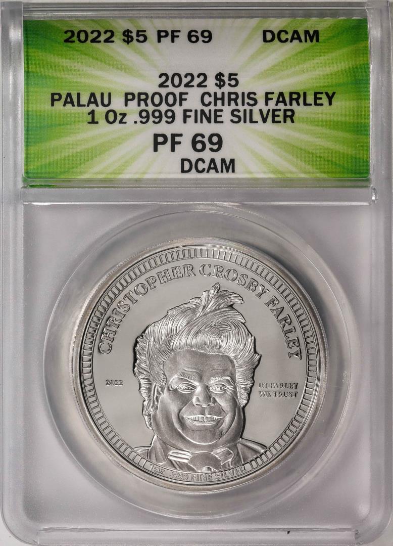 2022 $5 Palau Proof Chris Farley Silver Coin ANACS PF69DCAM