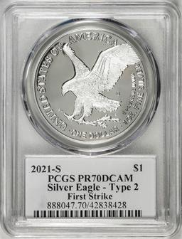 2021-S Type 2 $1 American Silver Eagle Coin PCGS PR70DCAM Emily Damstra Signature FS