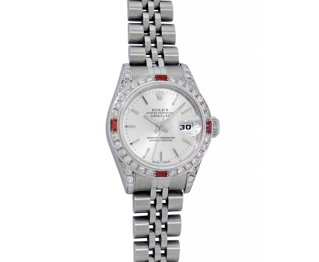 Rolex Ladies Stainless Steel Ruby and Diamond Datejust Wristwatch