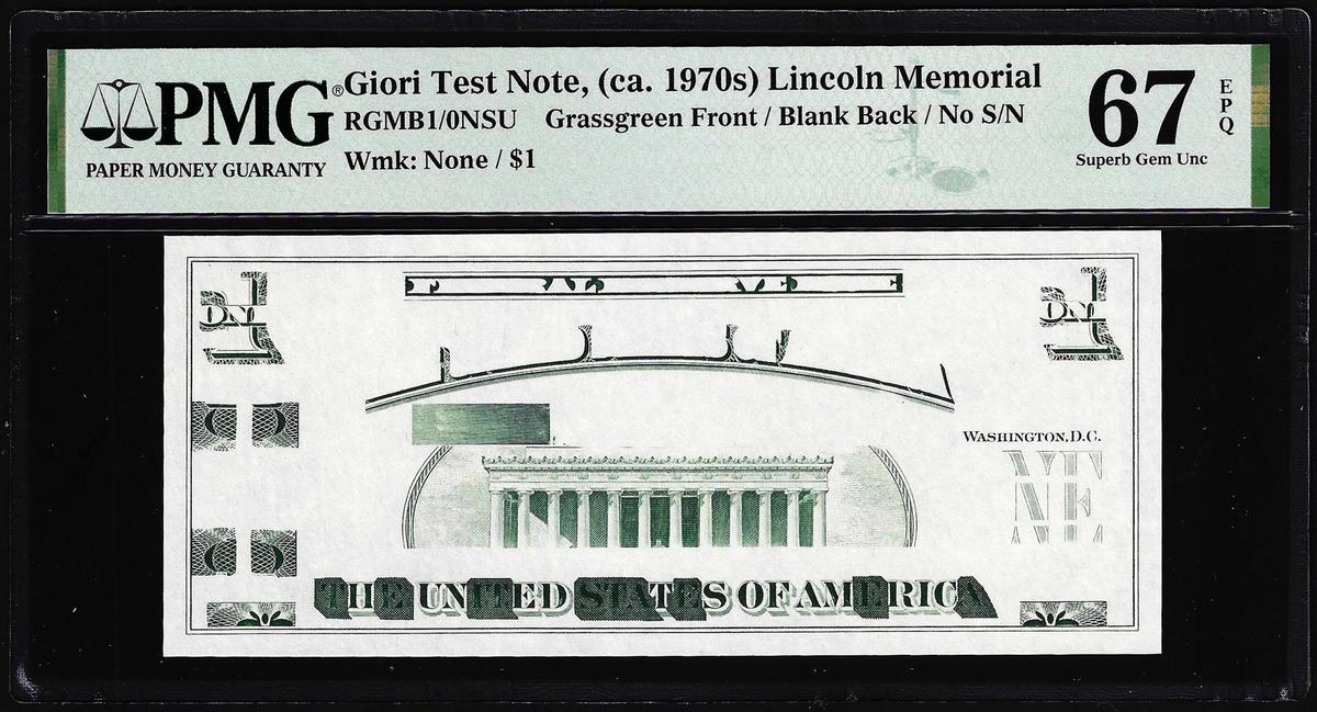 Circa 1970's Lincoln Memorial Giori Test Note PMG Superb Gem Uncirculated 67EPQ