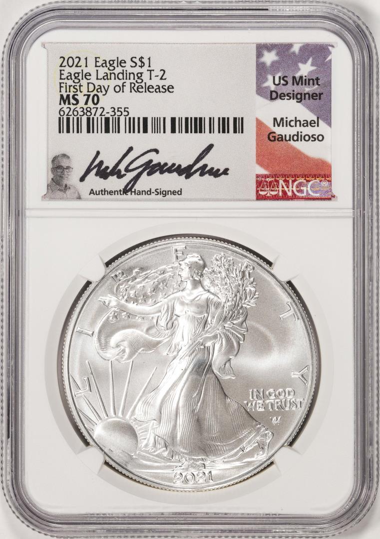 2021 Ty. 2 $1 American Silver Eagle Coin NGC MS70 First Day Release Gaudioso Signed