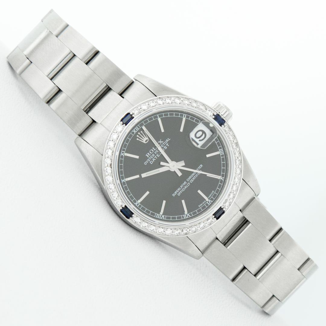 Rolex Ladies Midsize Stainless Steel Black Index Sapphire and Diamond Datejust Wristwatch