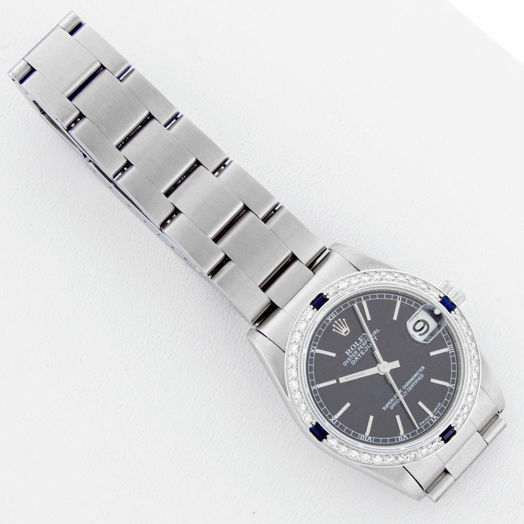 Rolex Ladies Midsize Stainless Steel Black Index Sapphire and Diamond Datejust Wristwatch