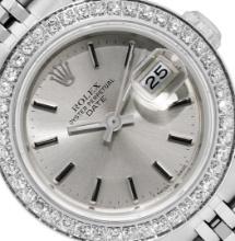 Rolex Ladies Stainless Steel Silver Index Diamond Date Wristwatch