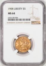 1908 $5 Liberty Head Half Eagle Gold Coin NGC MS64