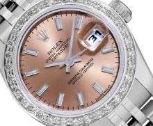 Rolex Ladies Stainless Steel Salmon Index Diamond Datejust Wristwatch