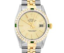 Rolex Men's Two Tone Champagne Index Emerald and Diamond Datejust Wristwatch