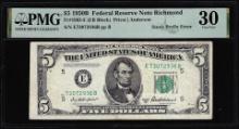 1950B $5 Federal Reserve Note Richmond Stuck Prefix Error Fr.1963-E PMG Very Fine 30