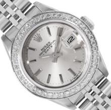 Rolex Ladies Stainless Steel Silver Index Diamond Date Wristwatch