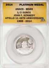 2014 Proof 1/2 oz Platinum JFK Apollo 11 Anniversary Medal ANACS MS69