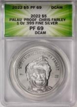 2022 $5 Palau Proof Chris Farley Silver Coin ANACS PF69DCAM