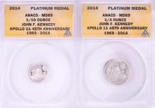 Set of 2014 Proof 1/10 & 1/4 oz Platinum JFK Apollo 11 Anniversary Medals ANACS MS69