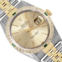 Rolex Mens Two Tone Champagne Index Emerald and Diamond Datejust Wristwatch