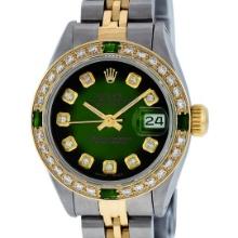 Rolex Ladies Two Tone Green Vignette Emerald and Diamond Datejust Wristwatch