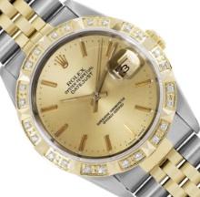 Rolex Mens Two Tone Champagne Index Diamond Datejust Wristwatch With Rolex Box